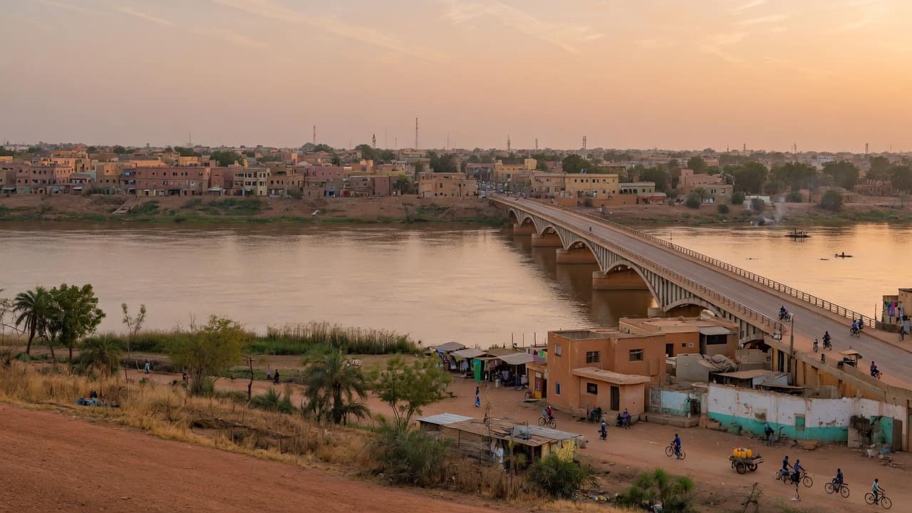 A journey scene connecting Niamey, Niger with treatment in India: a family with documents and luggage preparing to travel.