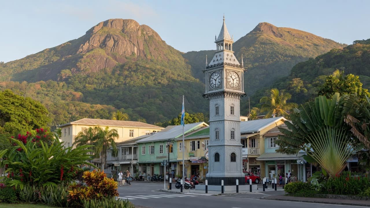A departure scene at the Seychelles international airport on Mahé: a family with documents and luggage, beginning a planned medical journey to India.