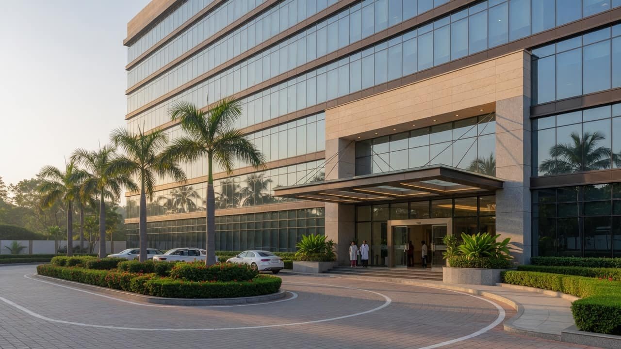 The bright, modern lobby or exterior of an accredited hospital in India.