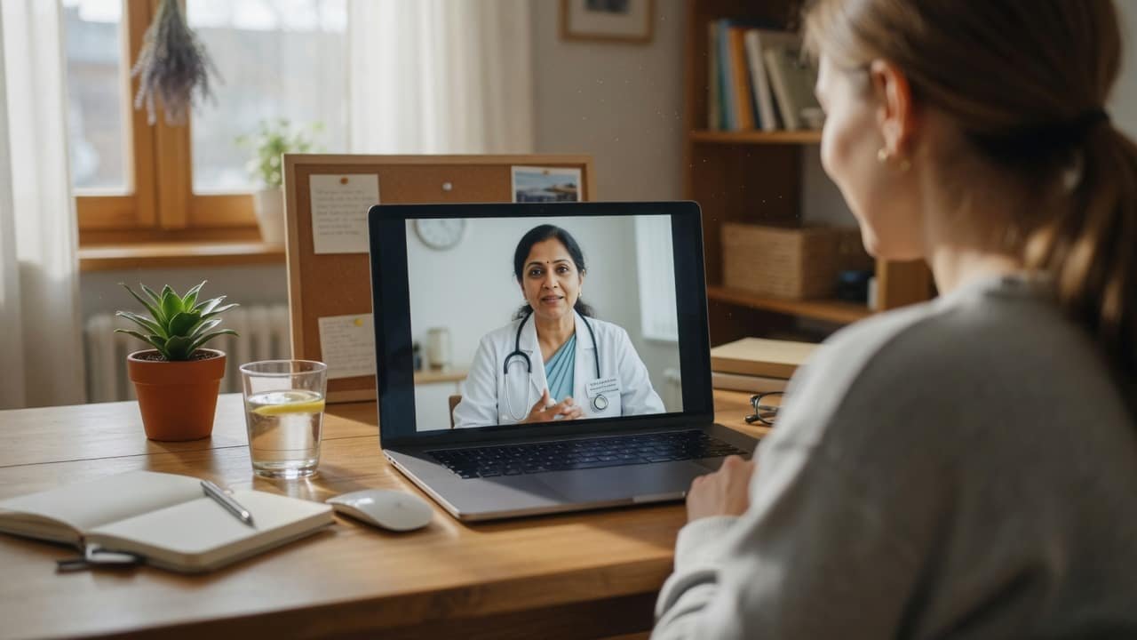 A specialist doctor on a video consultation at a desk with medical reports, in a generic clinical setting with no identifiable patients.