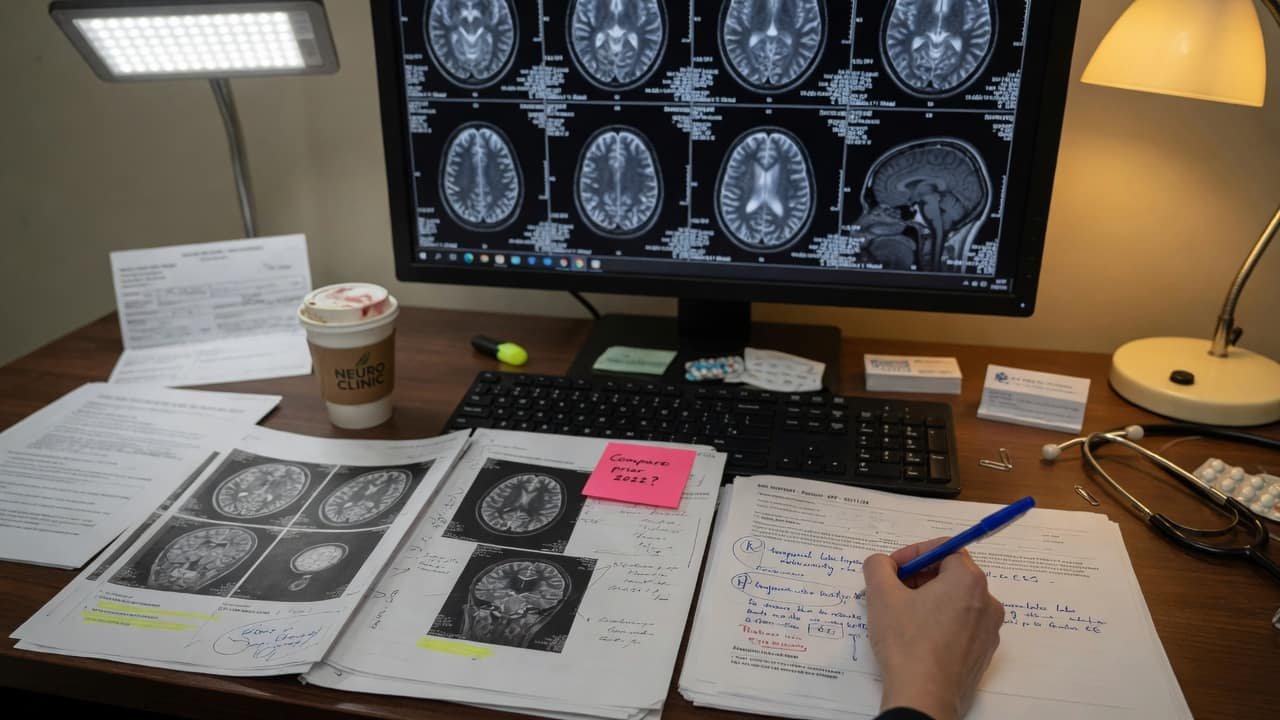 Medical reports and imaging being reviewed at a desk, showing documents and clinical context only, with no identifiable patients.