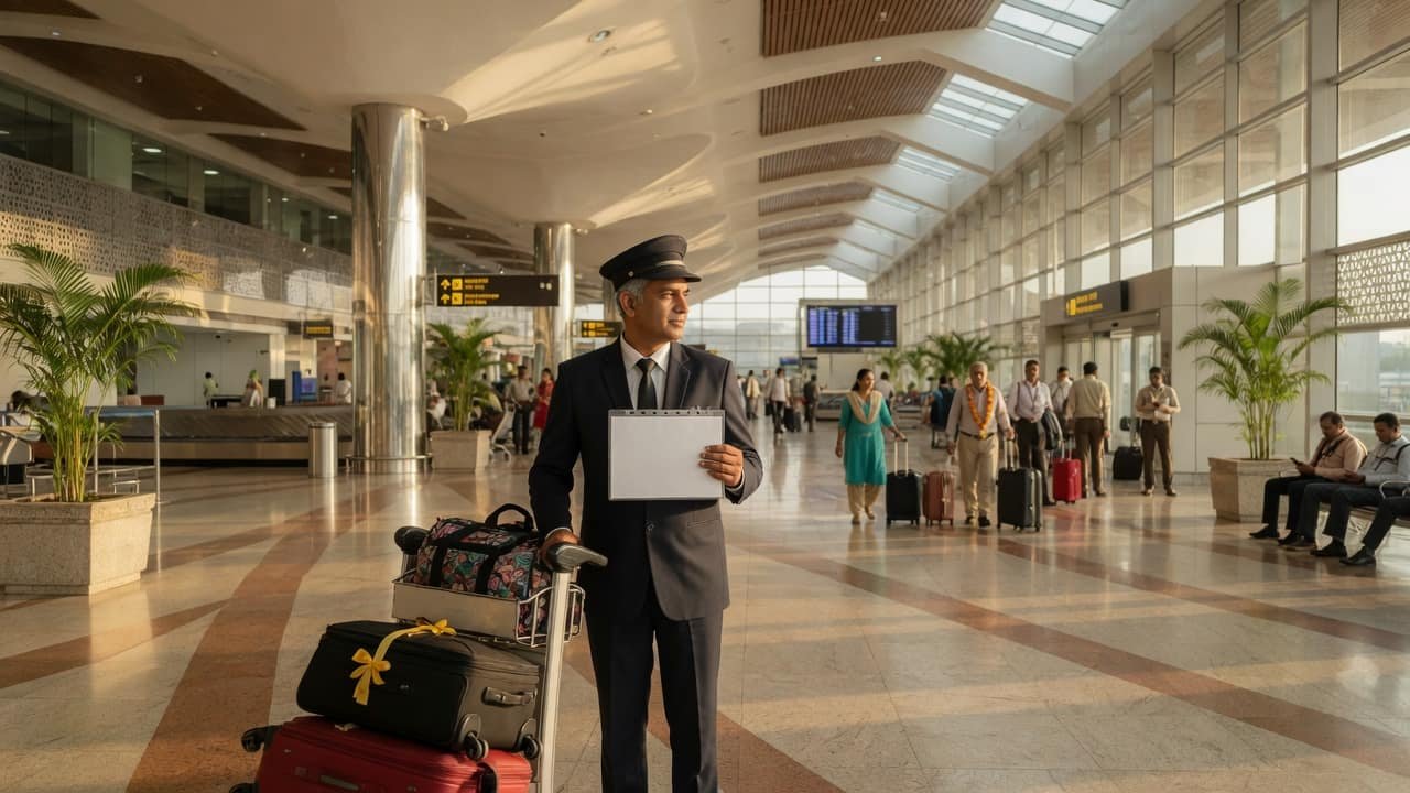 An arrival scene on a coordinated treatment journey to India, showing travel and hospital-arrival context with no identifiable patients or named hospitals.